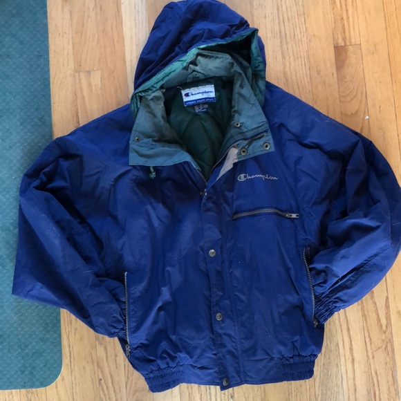 Champion navy/ green fall football game jacket with removable hood (snaps on)